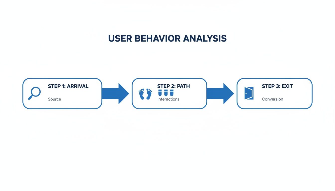 Diagram showing a three-step user behavior analysis process: arrival, path, and exit.