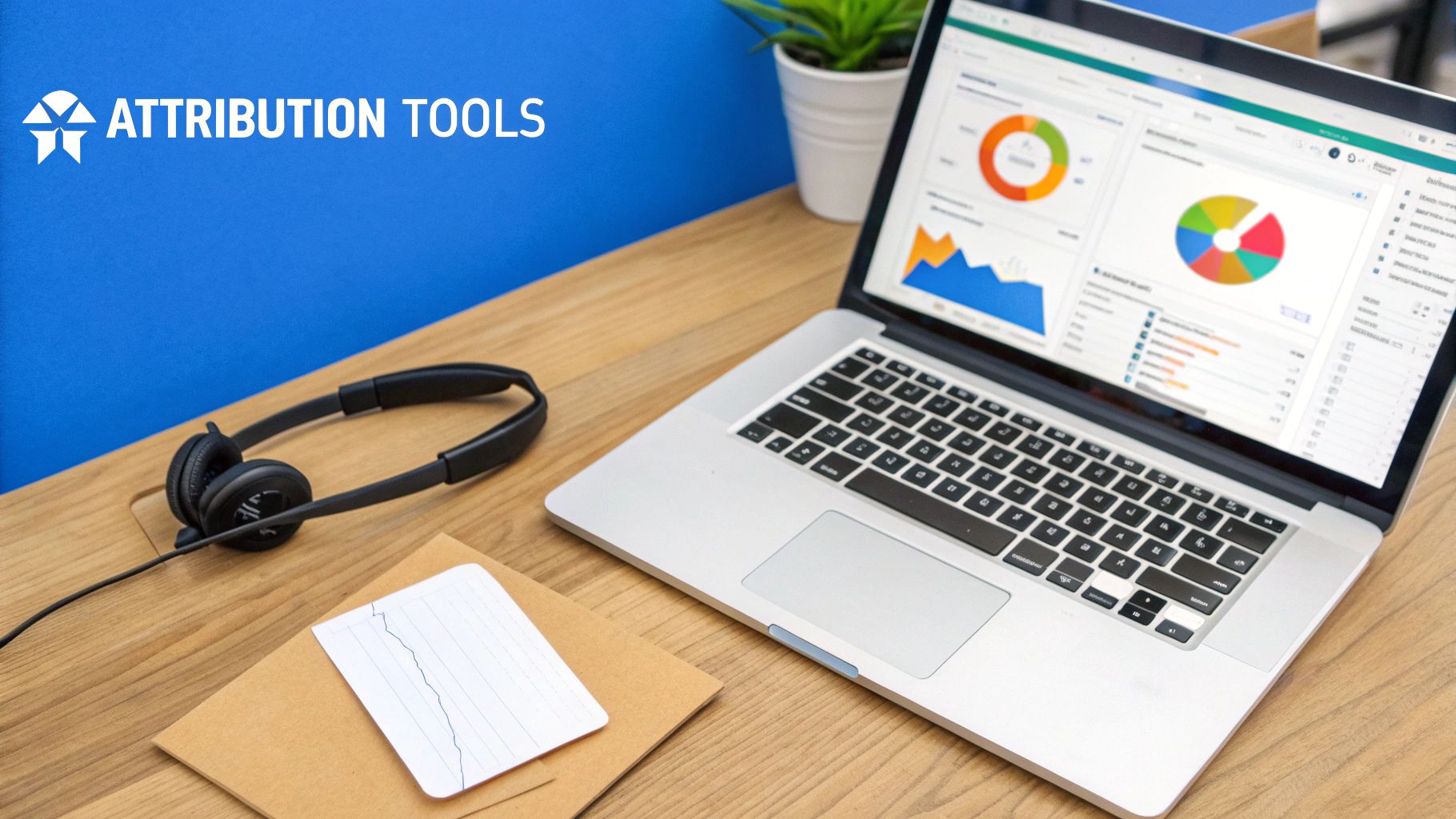 A laptop on a wooden desk displays marketing attribution data with charts and graphs, alongside headphones.