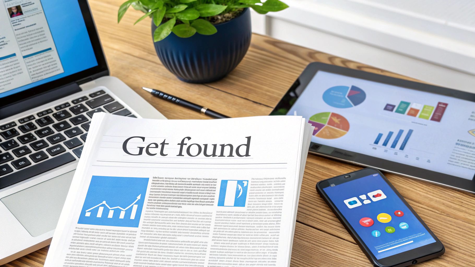 A wooden desk with a laptop, tablet, smartphone, and a newspaper titled 'Get found' showing graphs.