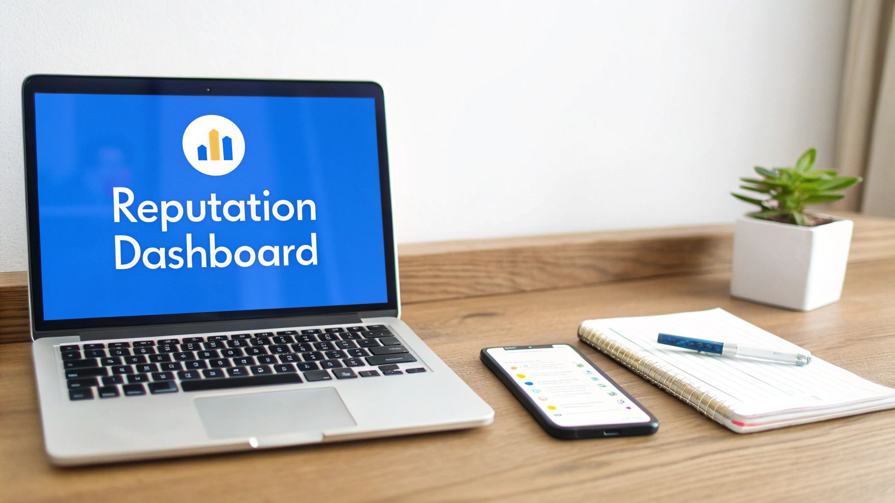 A laptop on a wooden desk displays a "Reputation Dashboard" with a smartphone, notebook, and plant nearby.