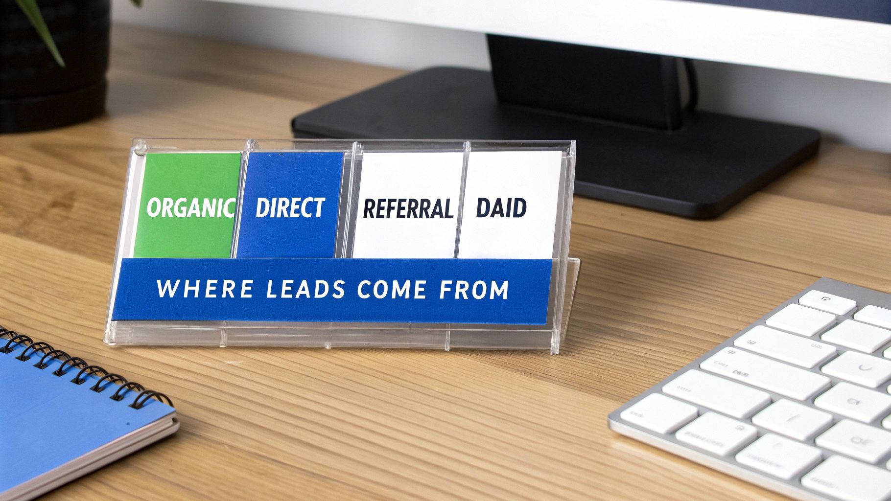 A desk display showing lead sources: Organic, Direct, Referral, and Paid, explaining where leads come from.