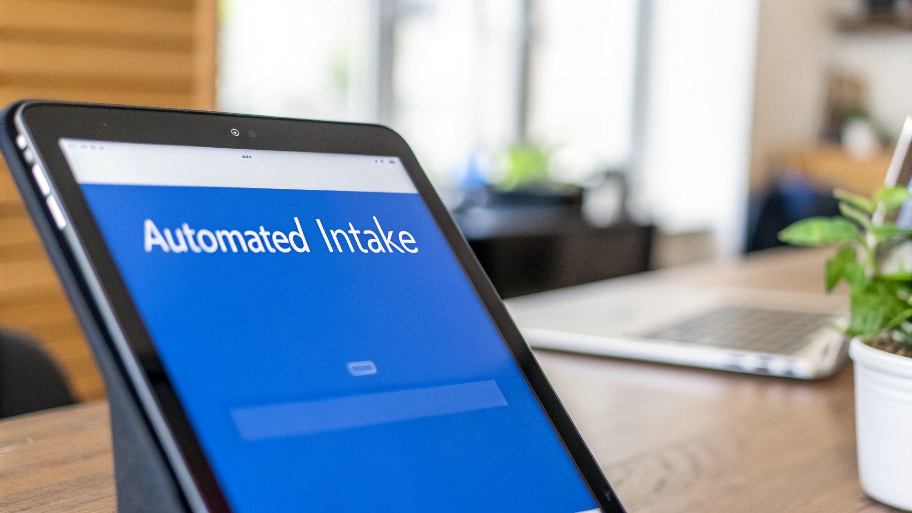 A tablet screen displays “Automated Intake” on a blue background in an office setting.