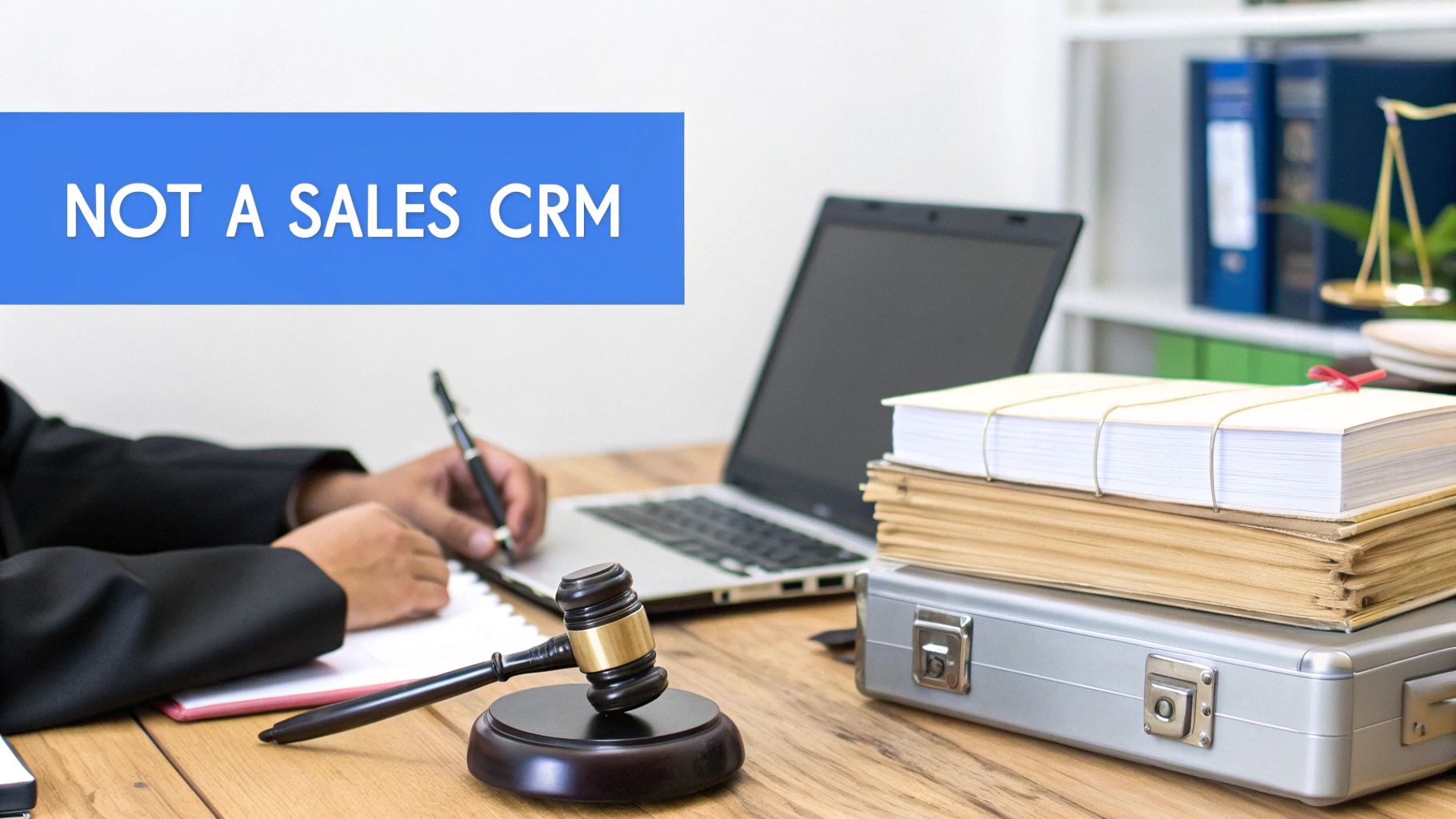 A lawyer working at a desk with legal documents, a laptop, and a gavel, emphasizing it's not a sales CRM.