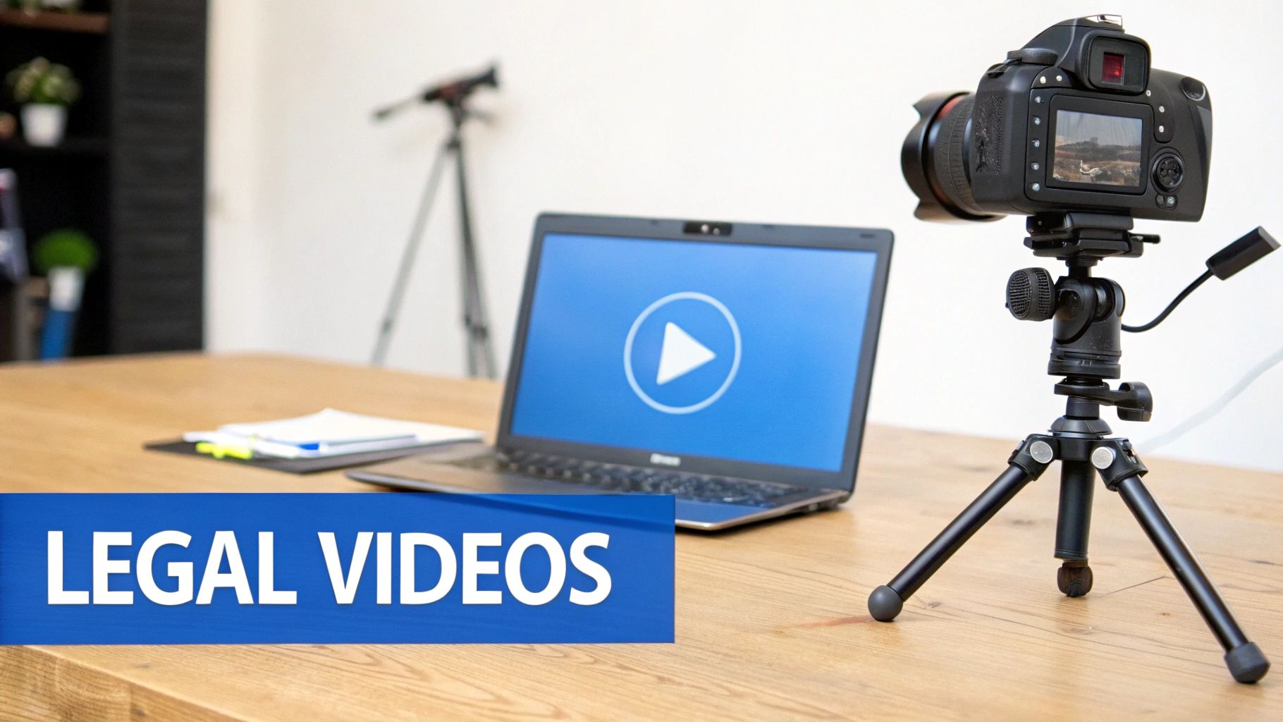 A DSLR camera on a tripod next to a laptop displaying a play button, with a 'LEGAL VIDEOS' banner.