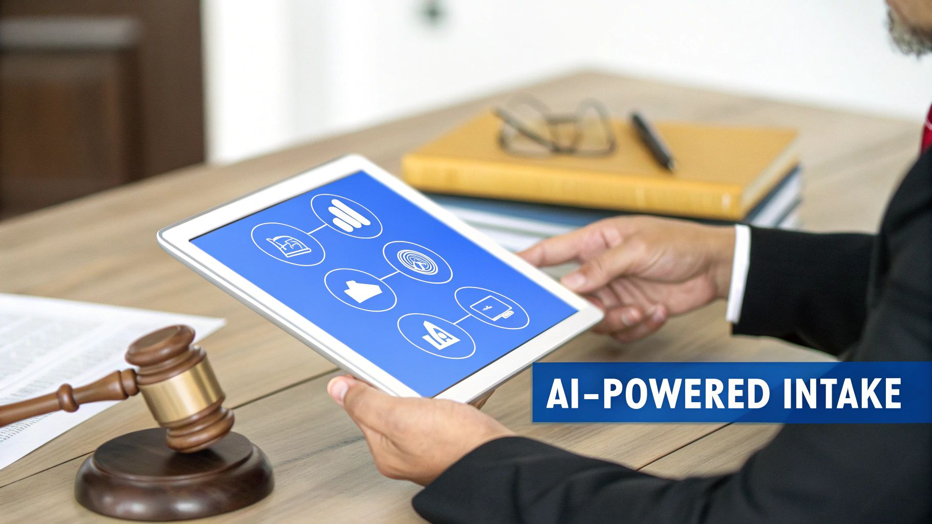 A lawyer holds a tablet displaying AI process icons, next to a gavel and legal books, illustrating AI-powered intake.