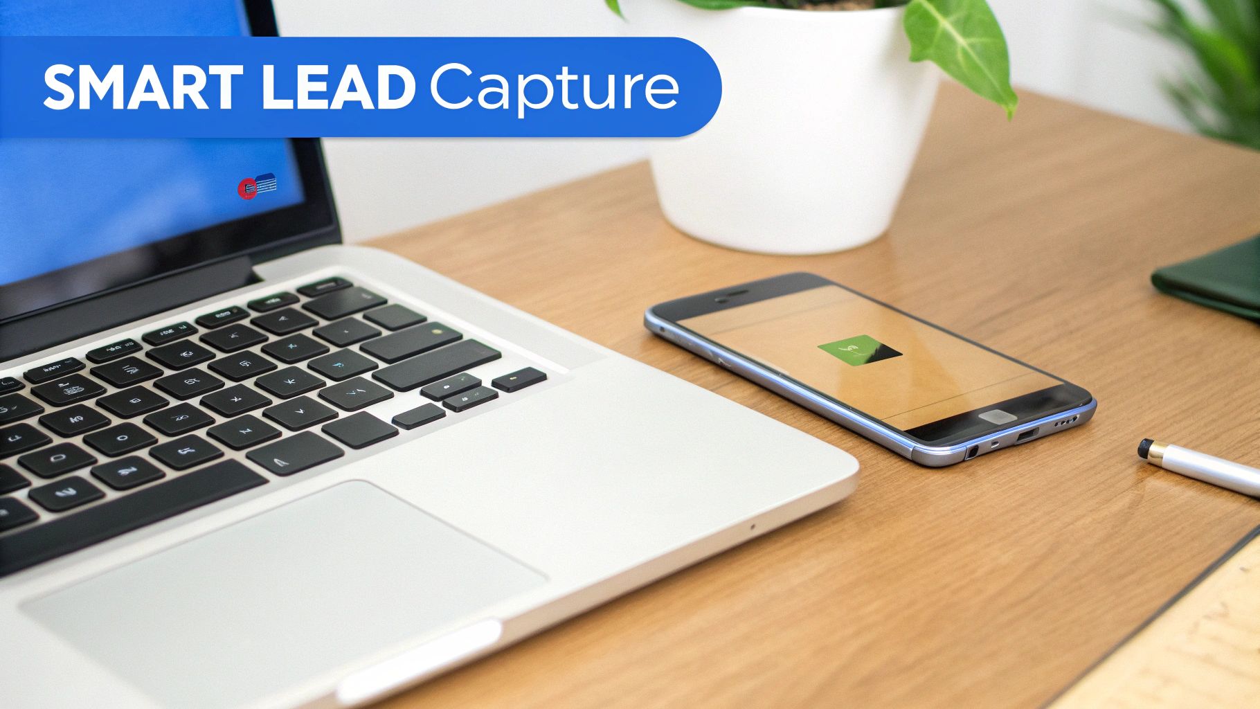 A laptop, smartphone, and stylus on a wooden desk, with a 'SMART LEAD Capture' banner.