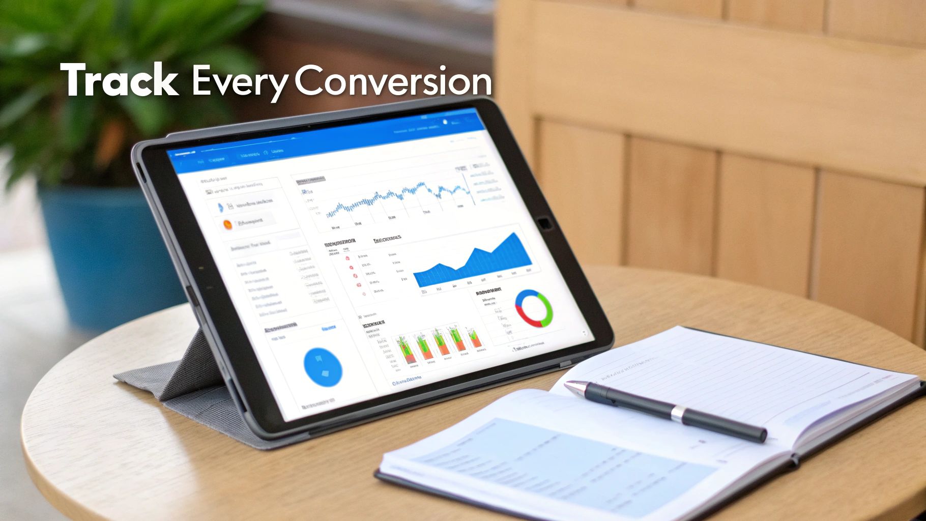 A tablet displays marketing analytics charts next to a notebook and pen, emphasizing conversion tracking.