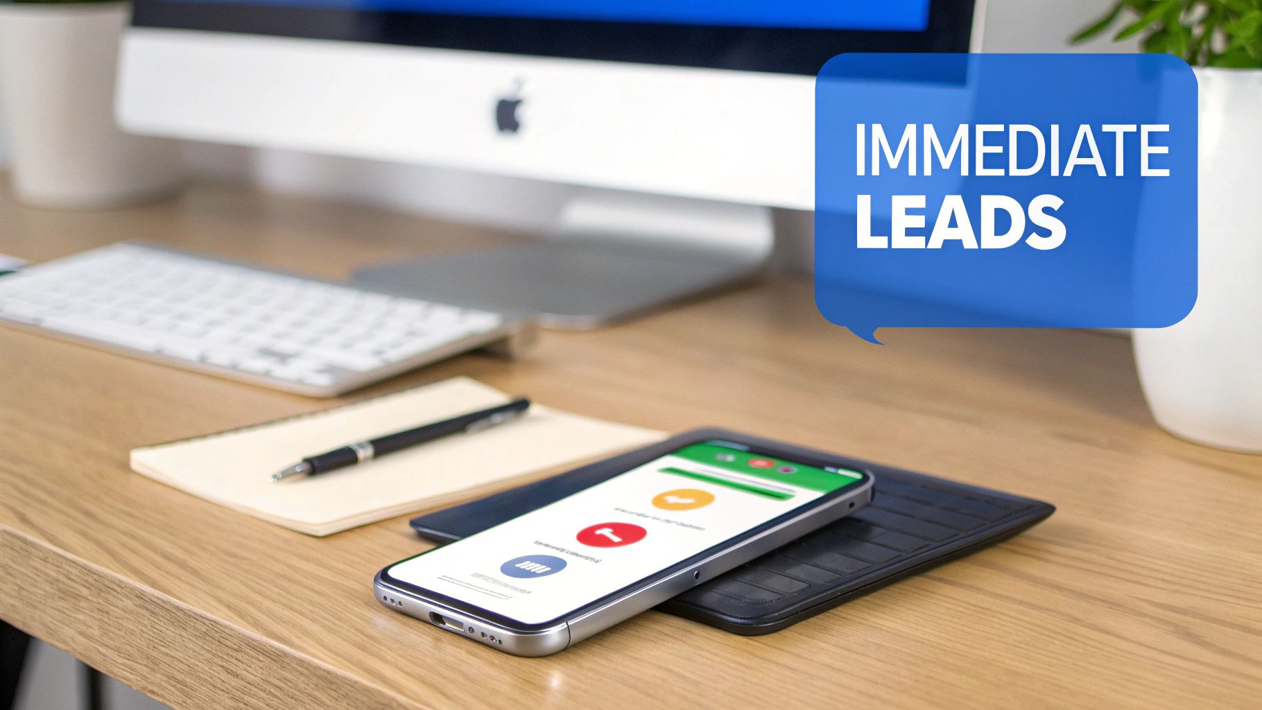 Modern desk setup featuring a computer, keyboard, smartphone with an app, and a speech bubble saying 'IMMEDIATE LEADS'.