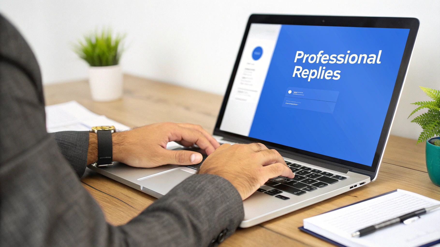 A person in a suit is typing on a laptop displaying 'Professional Replies' on its screen.