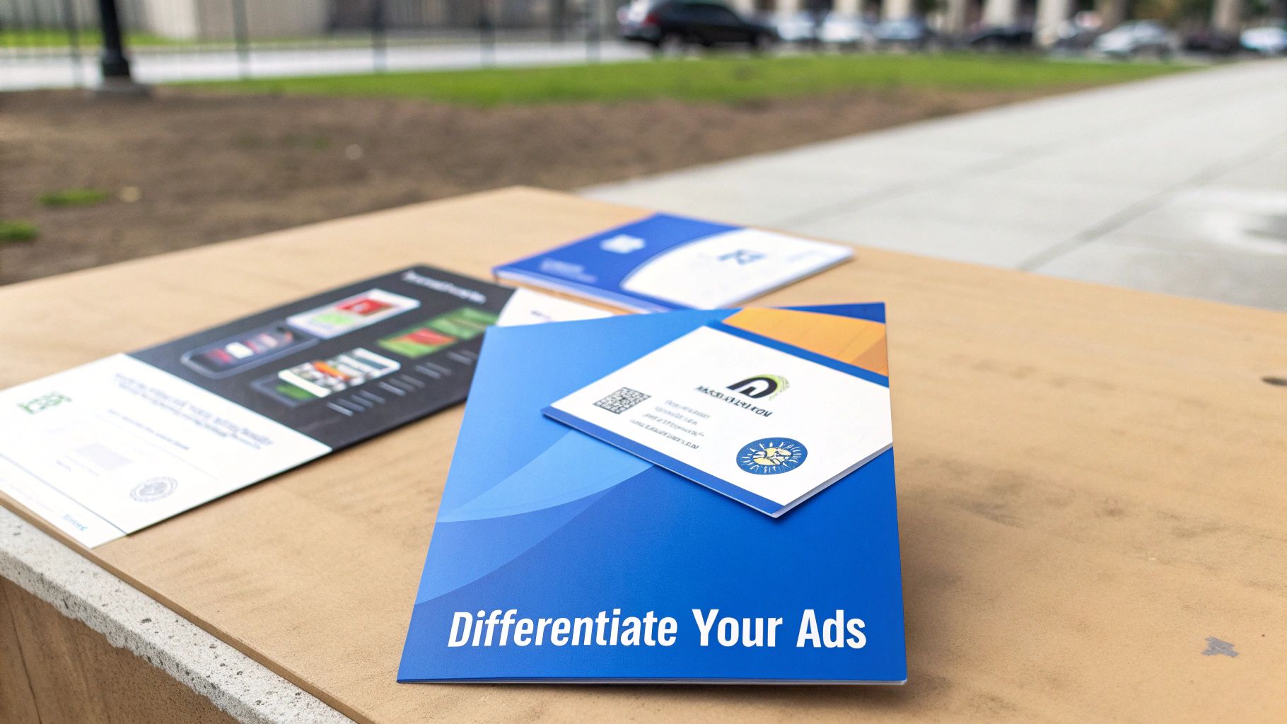 Close-up of marketing brochures and business cards on a table, including one titled 'Differentiate Your Ads'.