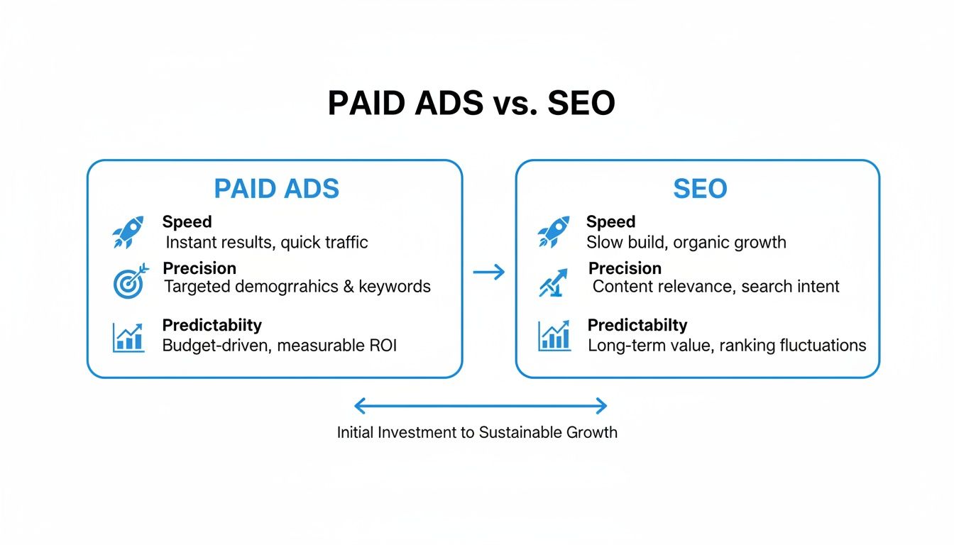 Infographic comparing Paid Ads vs. SEO strategies based on speed, precision, and predictability.