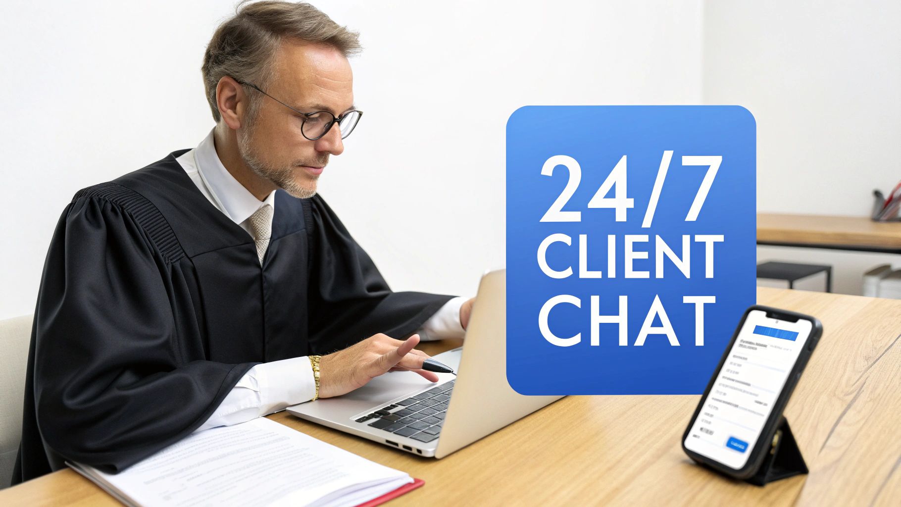 A lawyer in a robe uses a laptop at a desk with a 24/7 client chat sign and a phone.