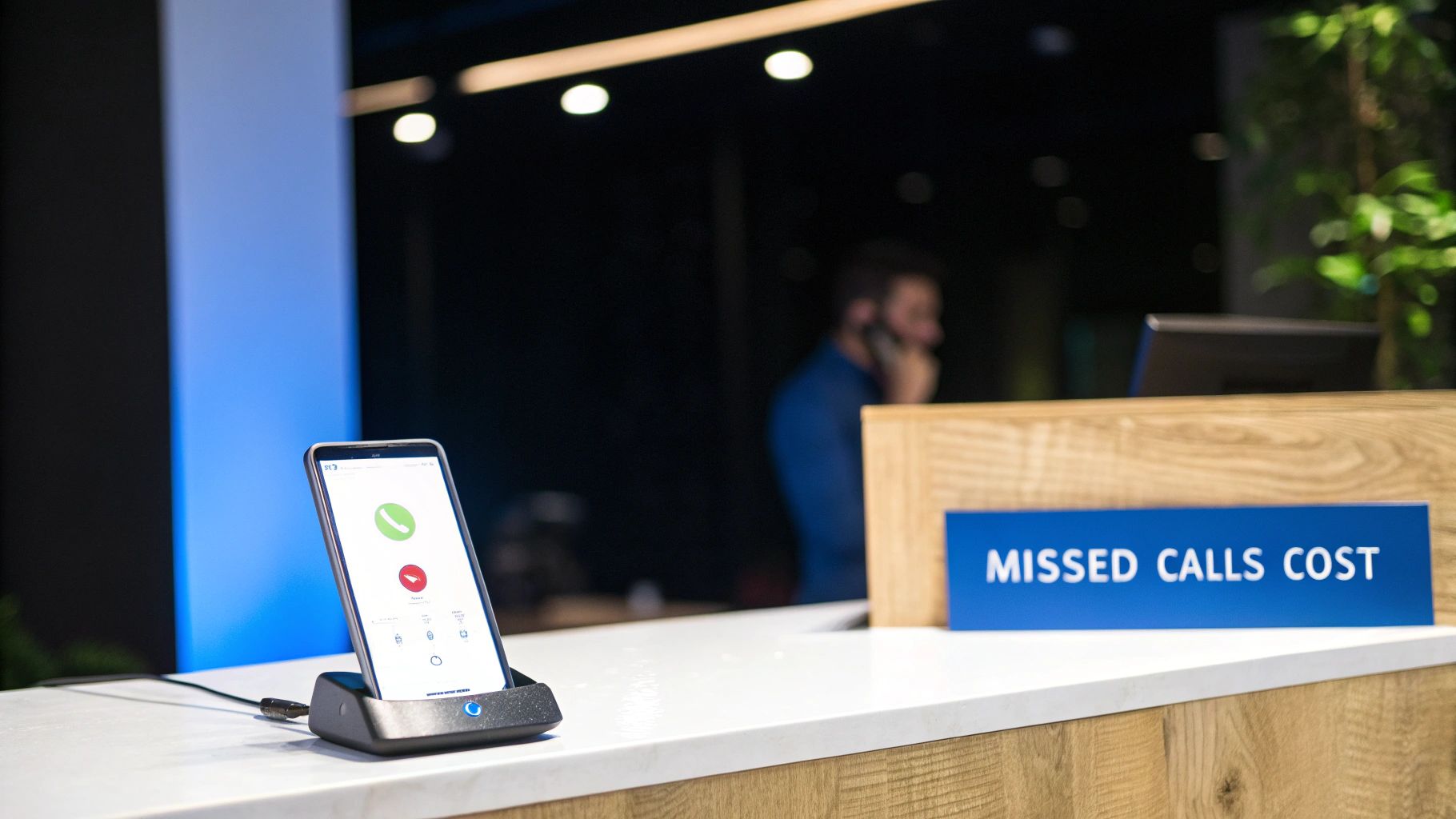 A smartphone in a charging dock displays an incoming call with a sign that reads 'MISSED CALLS COST'.