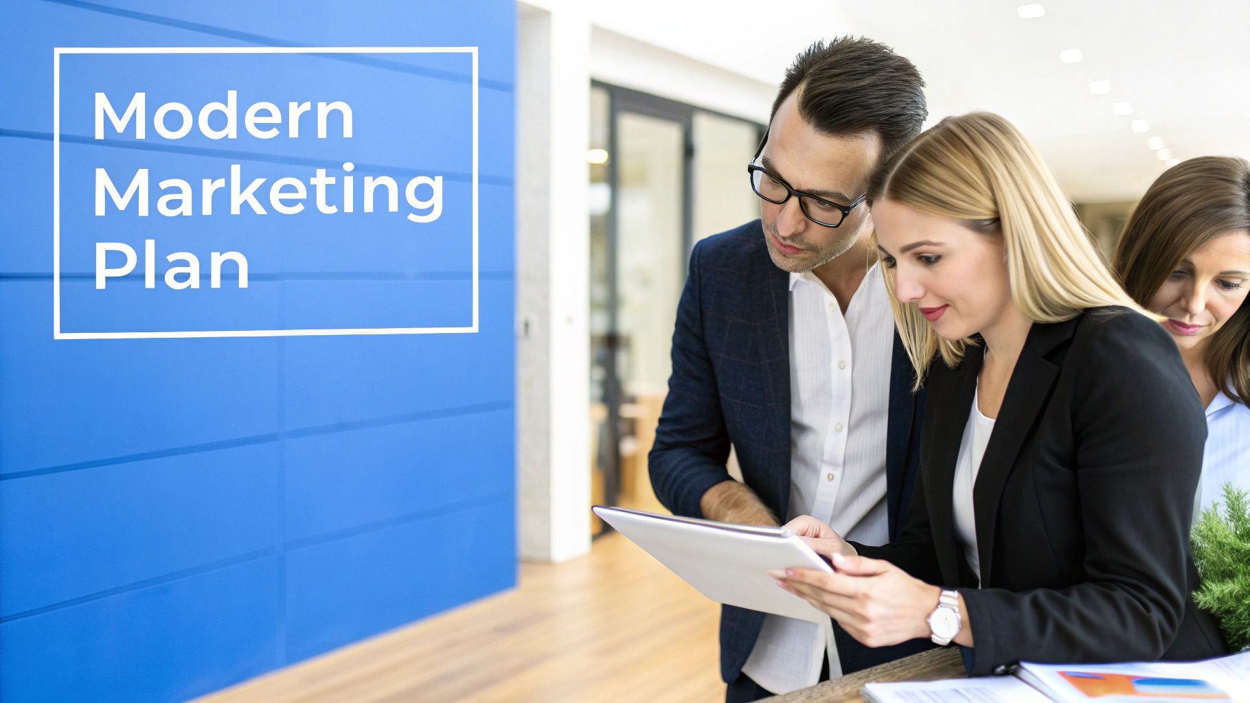 A team of three colleagues reviewing a modern marketing plan on a tablet in an office.