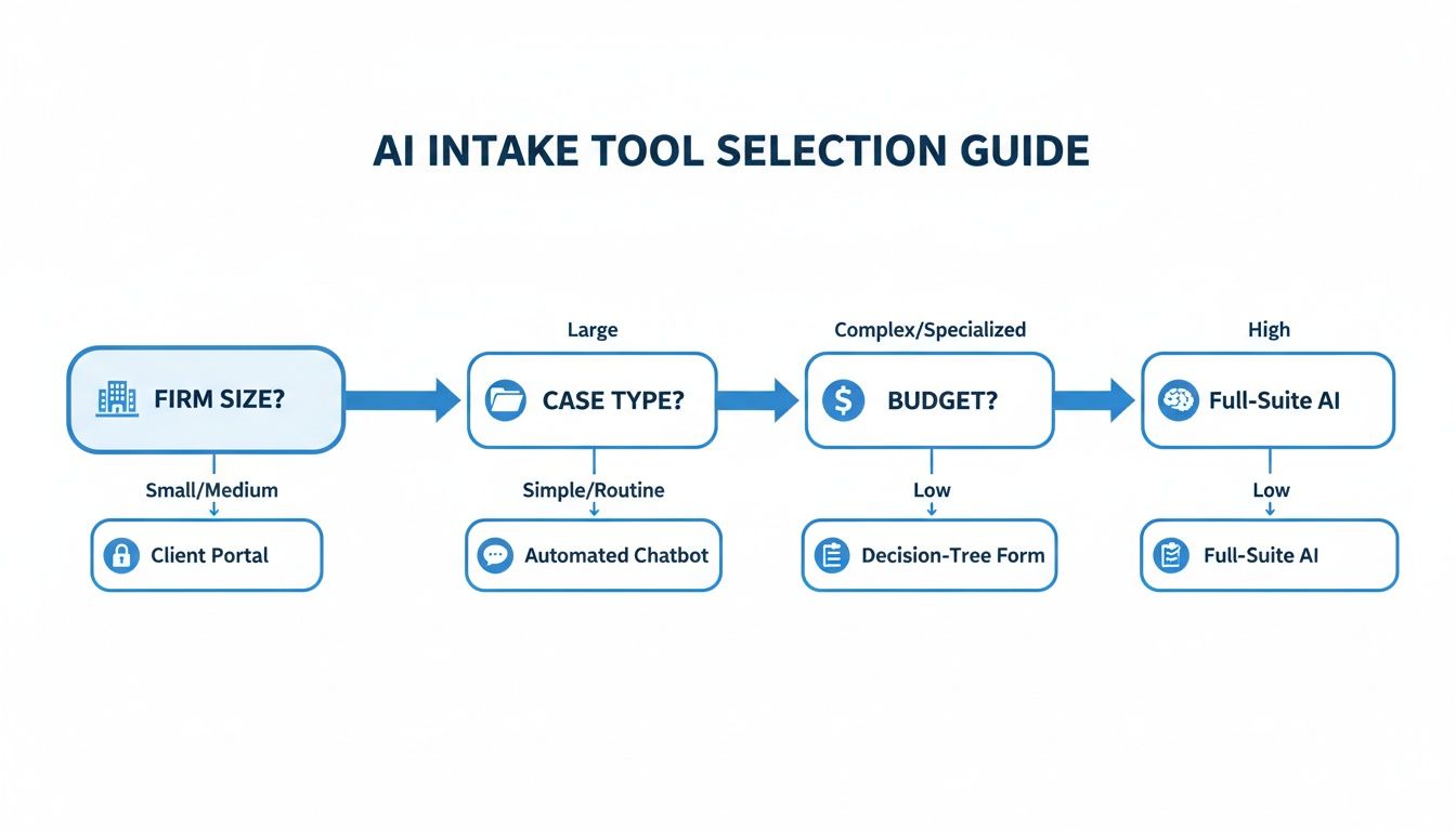 Flowchart guiding selection of AI intake tools based on firm size, case type, and budget criteria.