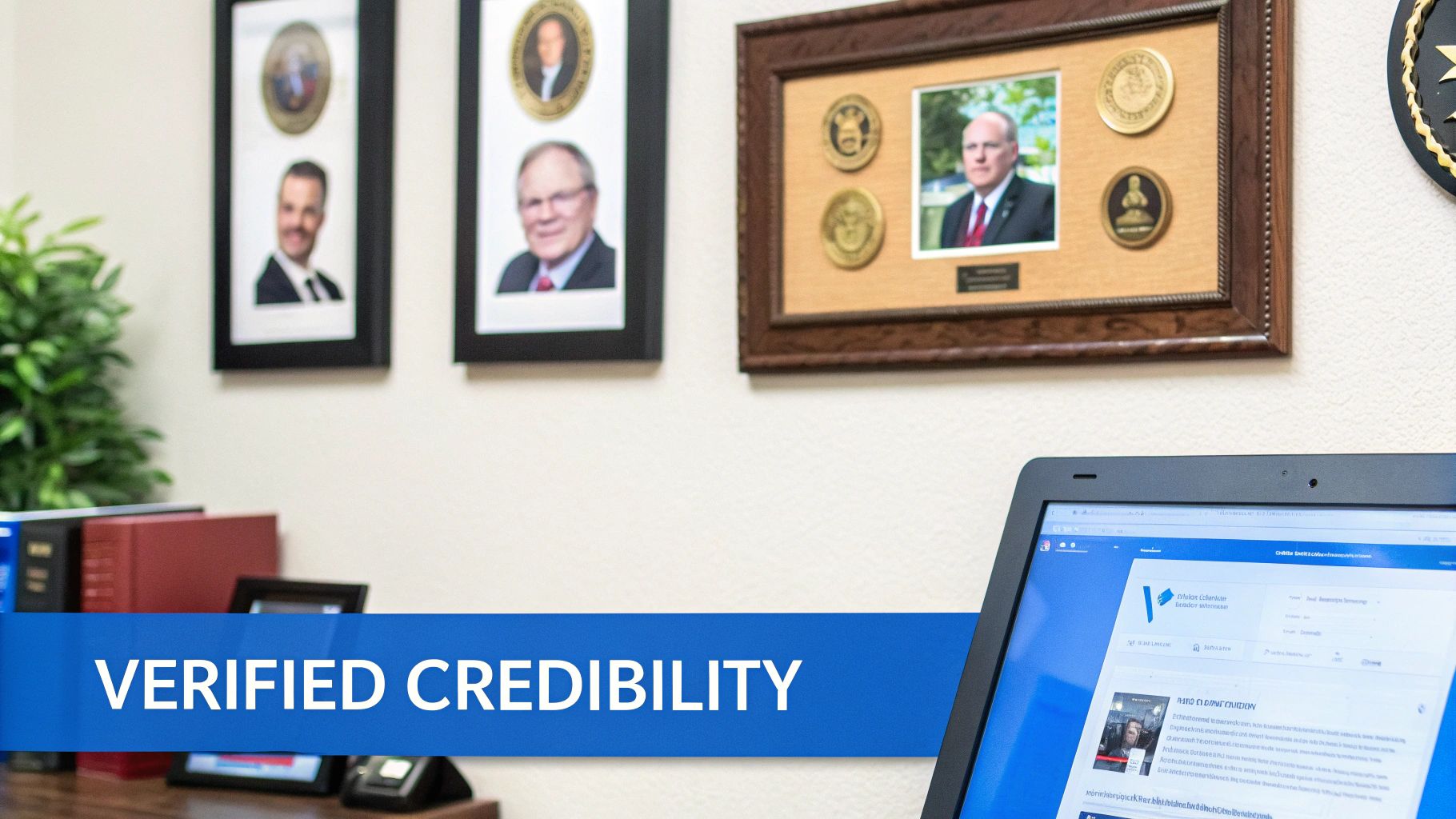 Professional law office showing verified credibility with framed credentials and laptop displaying legal website
