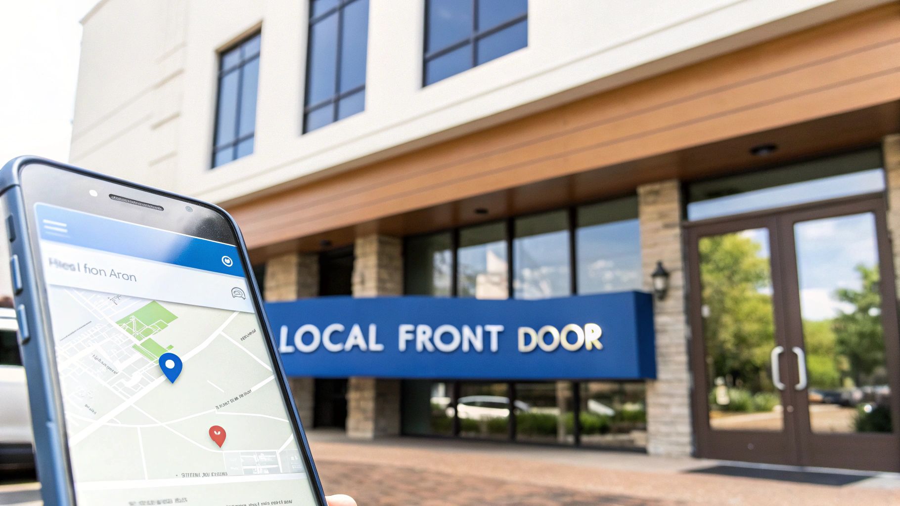 A hand holds a smartphone displaying a map application with a blue pin in front of a building featuring a "LOCAL FRONT DOOR" sign.