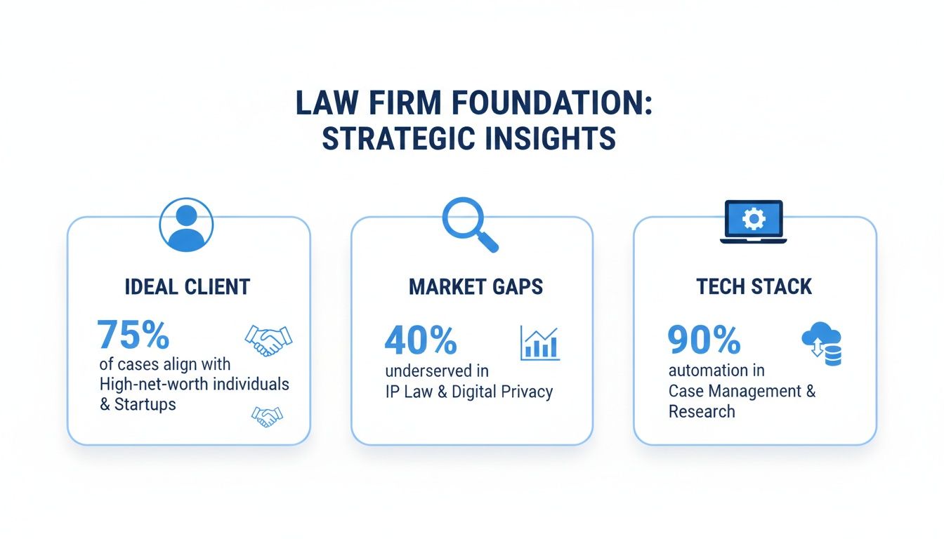 Infographic detailing strategic insights for a law firm, covering ideal clients, market gaps, and tech stack automation.