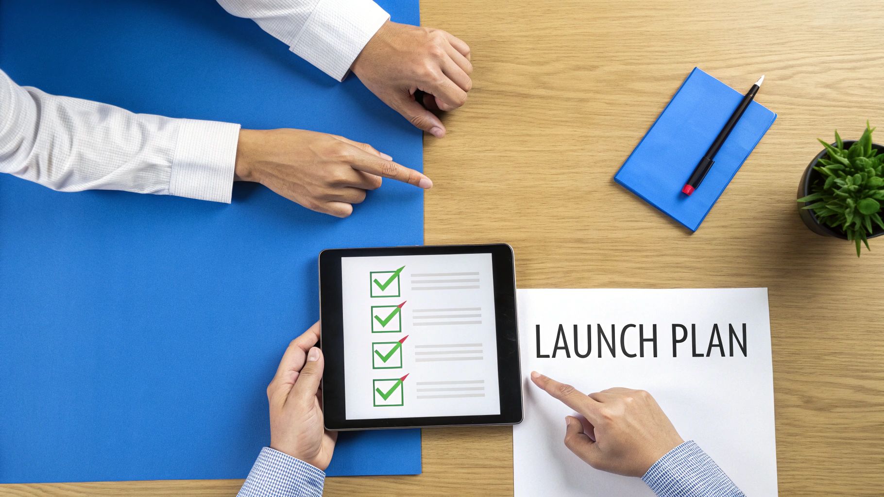 Overhead view of two hands discussing a launch plan using a tablet with a checklist.