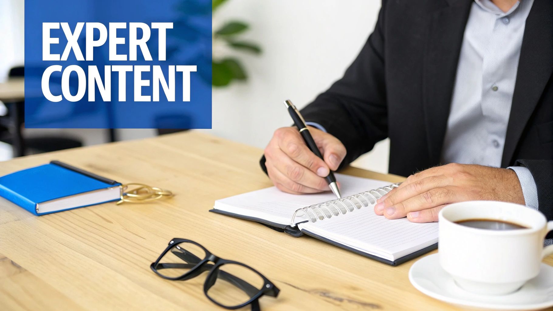 A professional writing "EXPERT CONTENT" in a notebook with a pen, coffee, and eyeglasses on a desk.