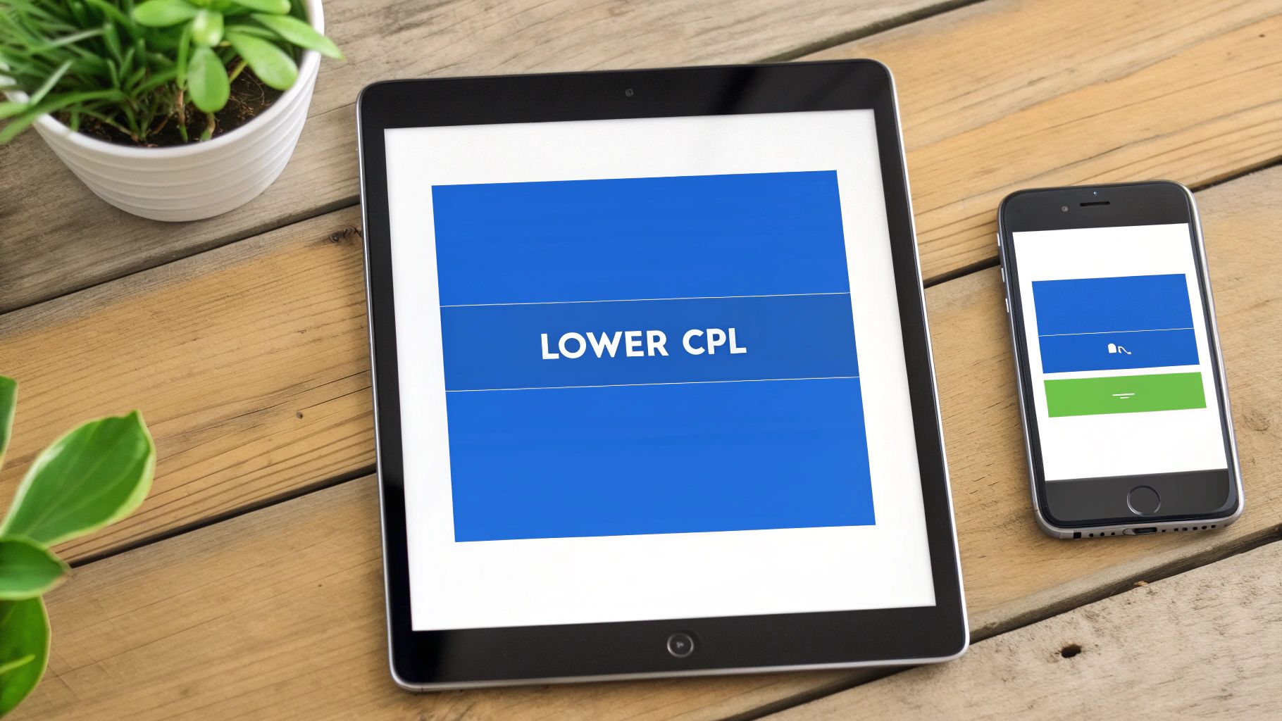 Tablet and smartphone displaying lower CPL text on blue background for digital marketing