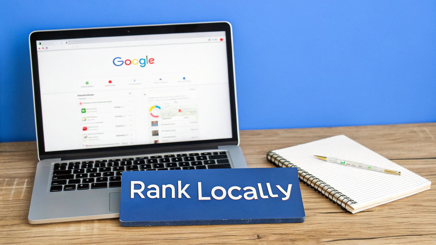 A laptop displaying Google search results, a 'Rank Locally' sign, and a notebook on a wooden desk, symbolizing local SEO strategies.