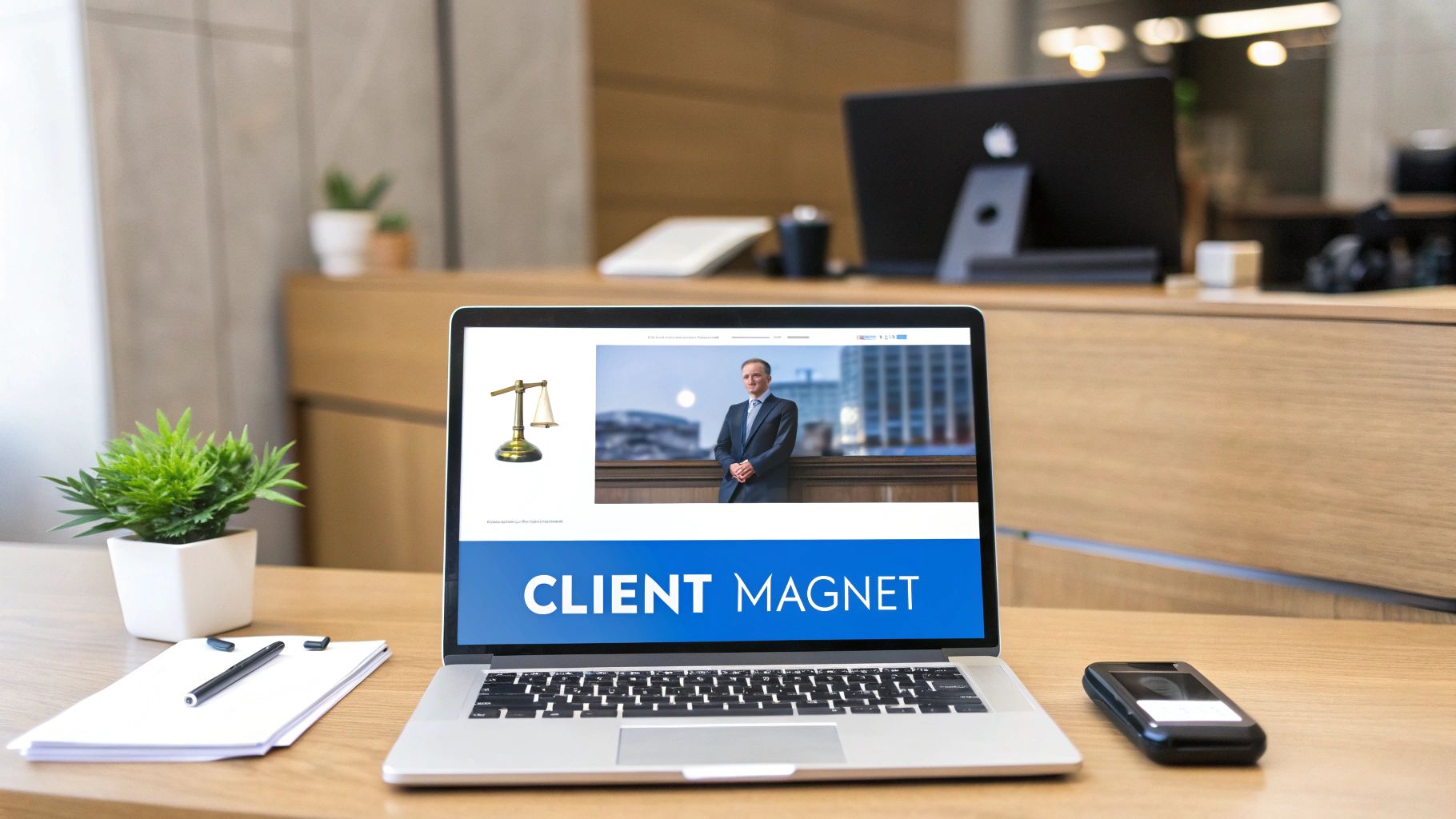 Laptop on desk with 'CLIENT MAGNET' webpage, featuring a man and scales of justice icon.