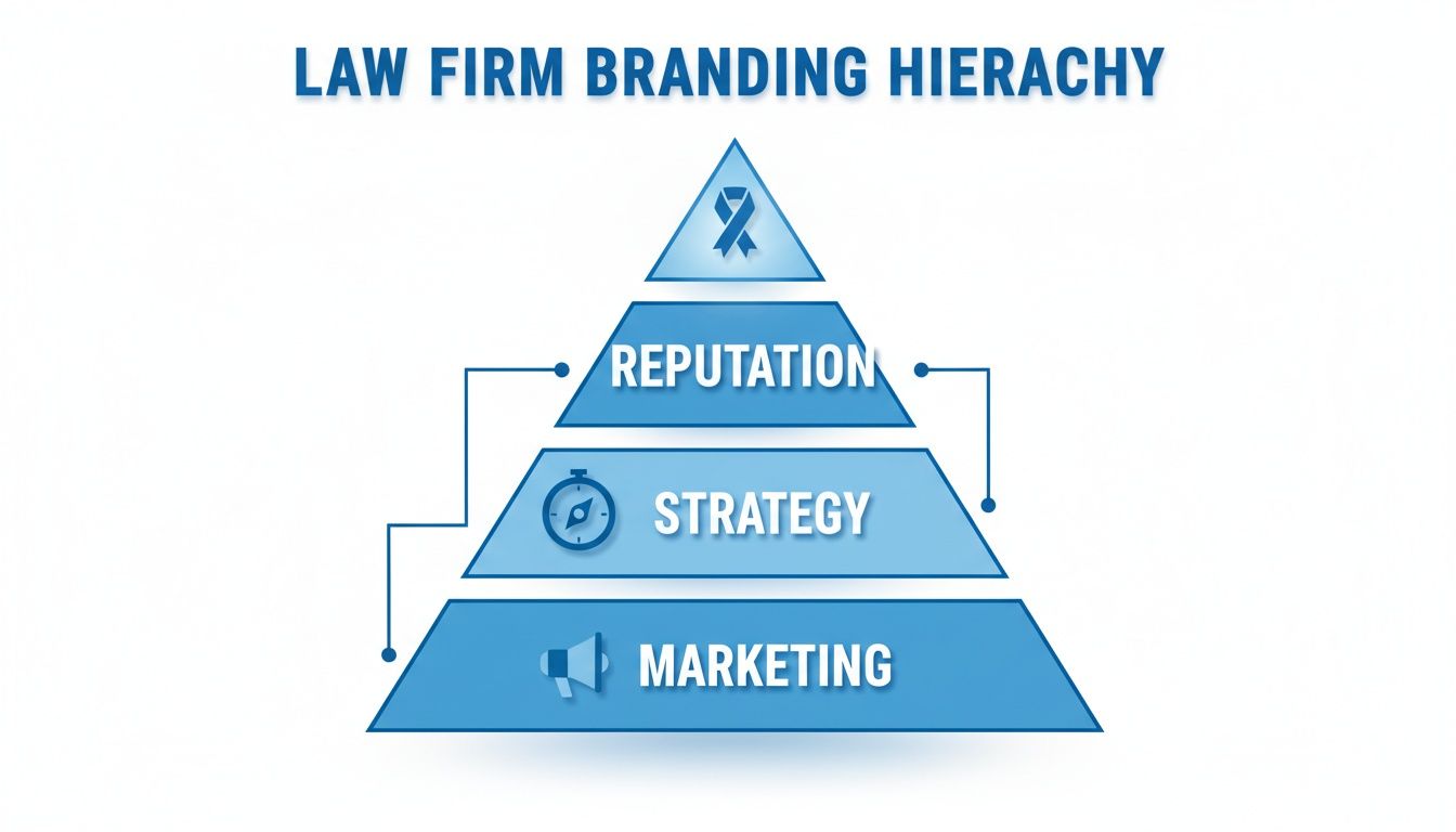 Blue pyramid diagram illustrating the law firm branding hierarchy from marketing to strategy to reputation.
