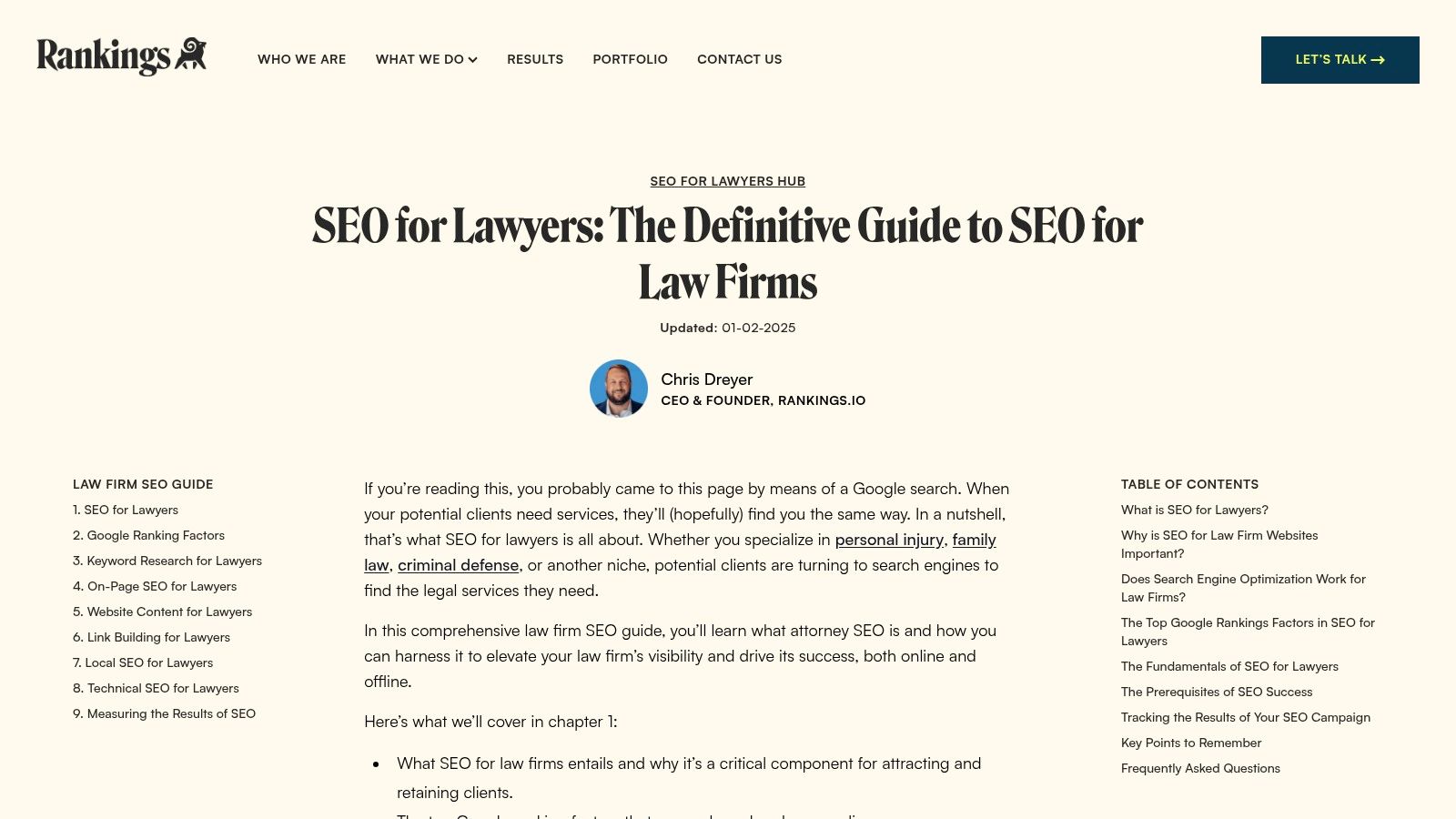 Rankings.io homepage highlighting their focus on SEO for lawyers
