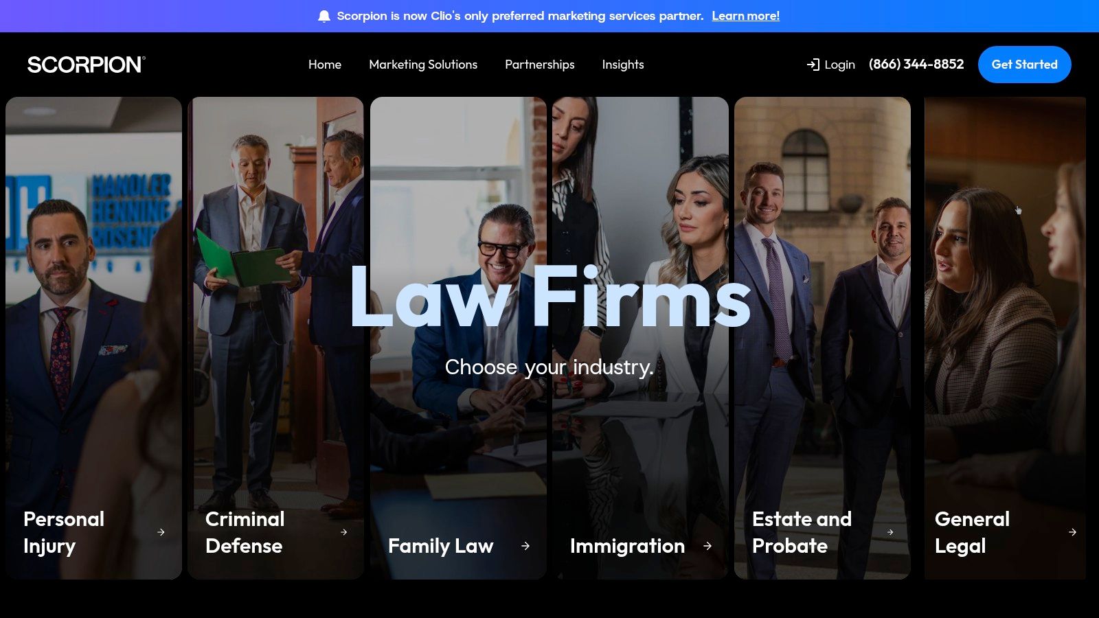 Scorpion's website showing their focus on law firm marketing technology