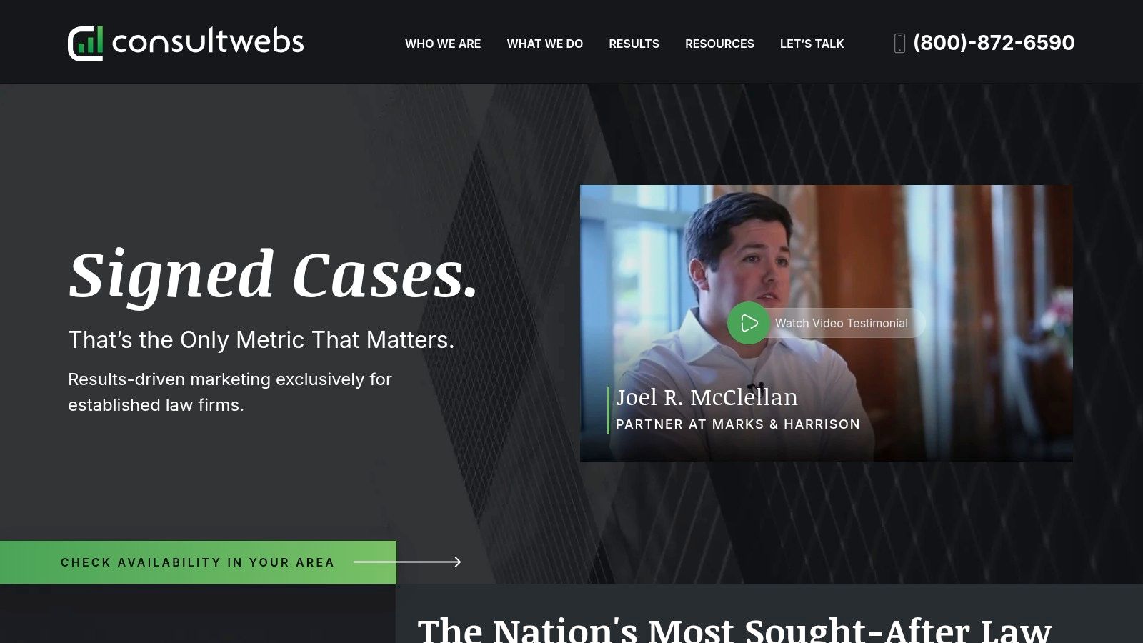 Consultwebs website showing a lawyer testimonial and highlighting their focus on the legal industry