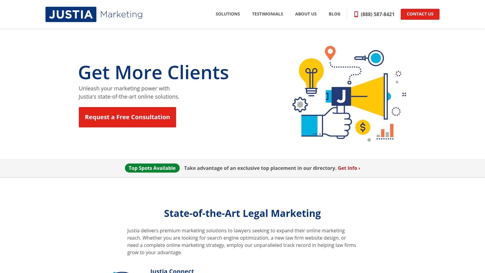 Justia Marketing Solutions homepage showcasing their services for lawyers