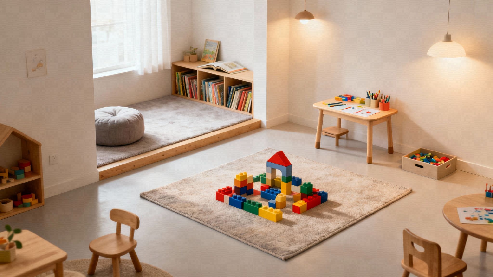 A bright and organized children's playroom filled with colorful building blocks, books, and art supplies.