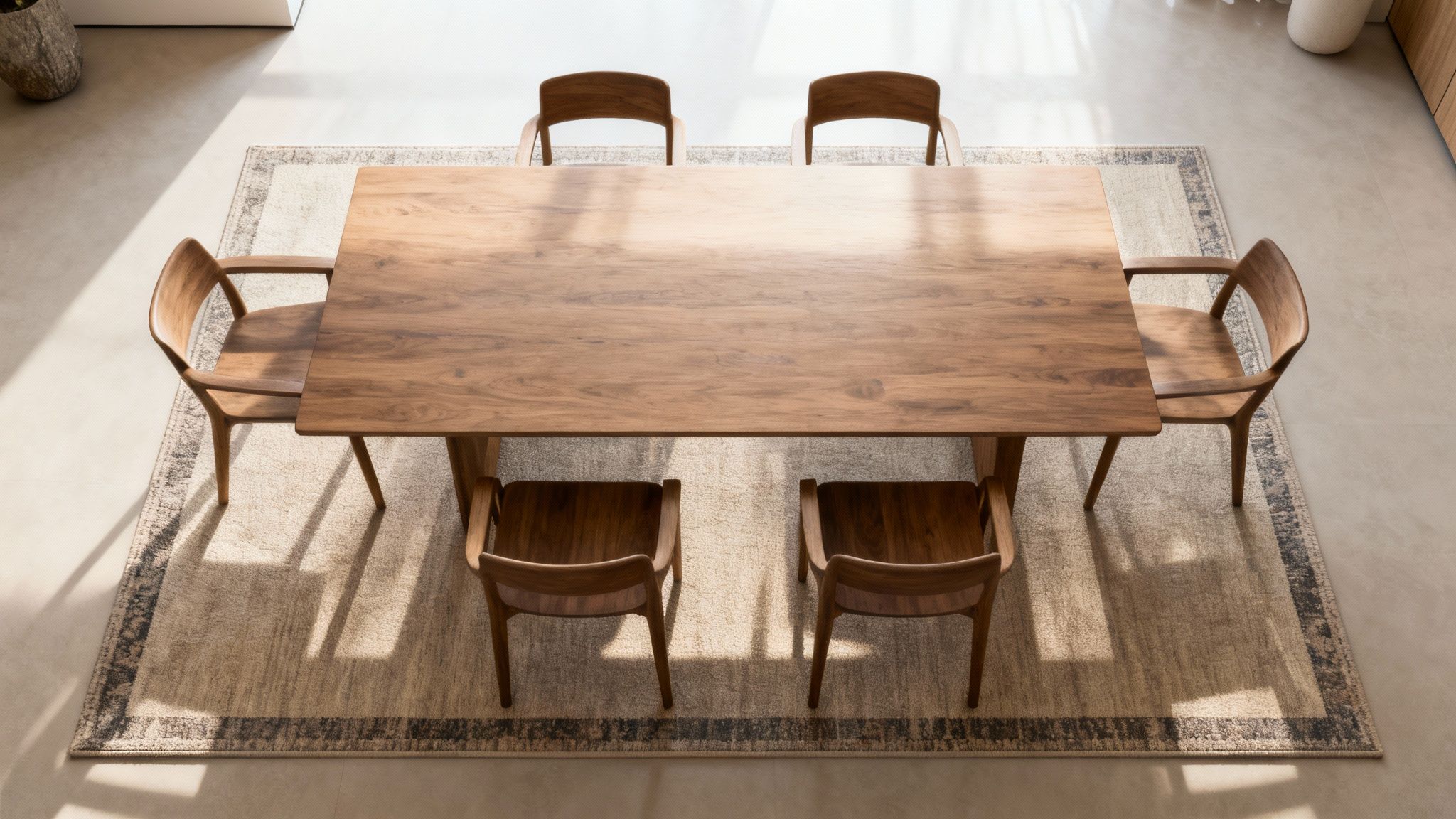 Top-down view of a modern dining room with a large wooden table and six chairs on an area rug.
