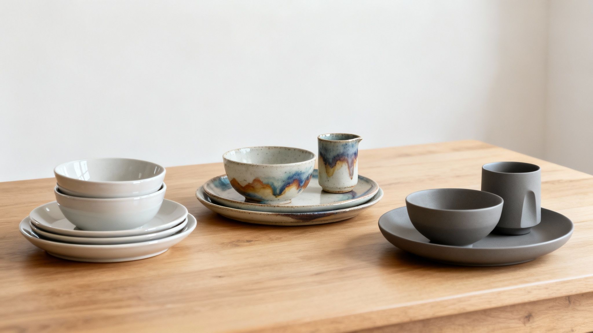 A collection of stoneware dinner plates in various styles and finishes.