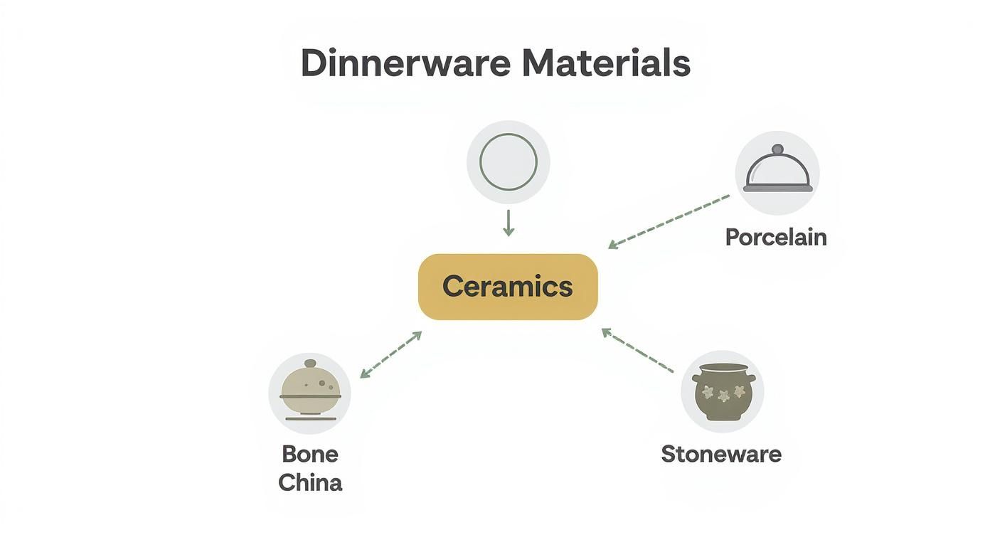 Diagram showing ceramics dinnerware materials including porcelain, bone china, and stoneware types