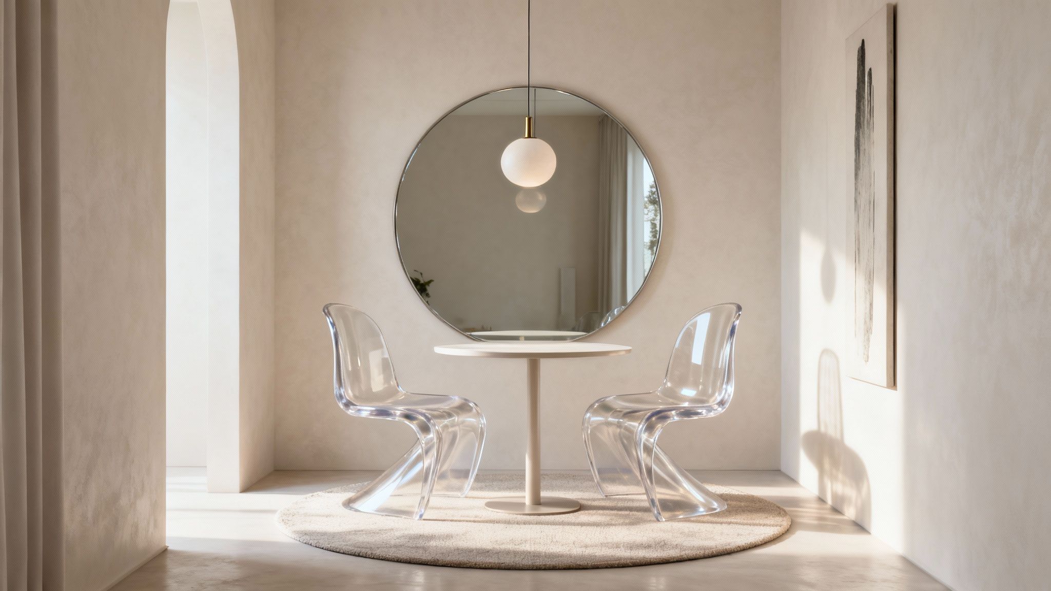 A minimalist small dining room featuring a round table, clear chairs, and a large mirror.