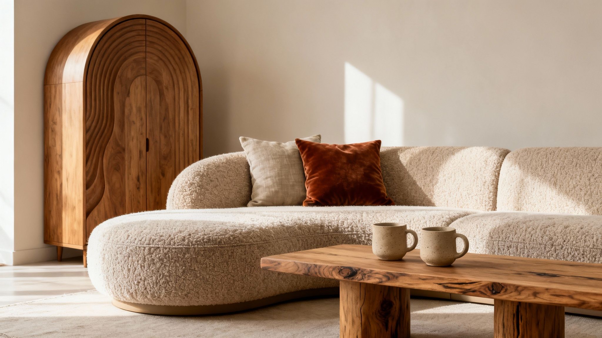 Interior design inspiration featuring a curved bouclé sofa and arched cabinet; shop similar minimalist luxury furniture at Fluent Trends.