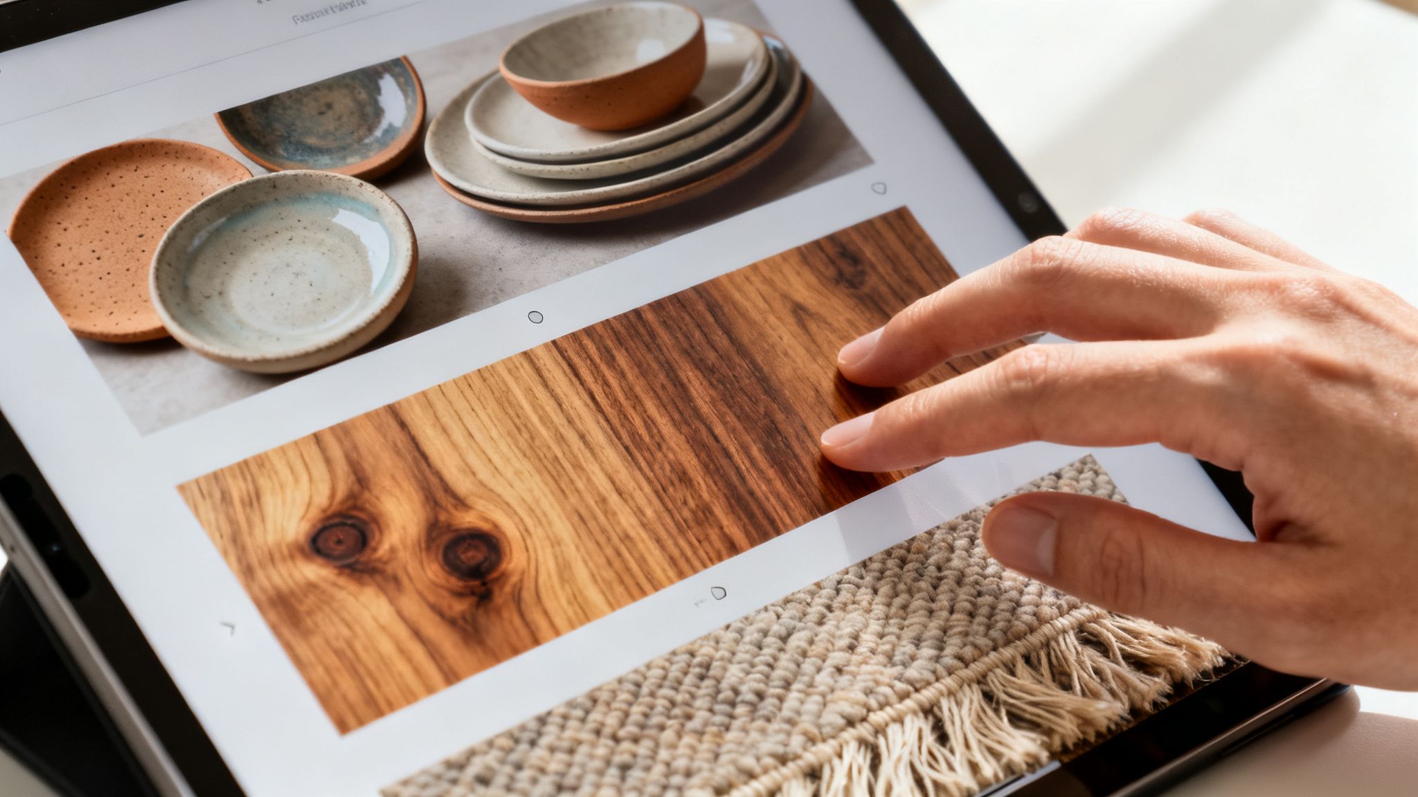 A person's hand touches a tablet displaying various home decor items like ceramic dishes, wood, and a rug.