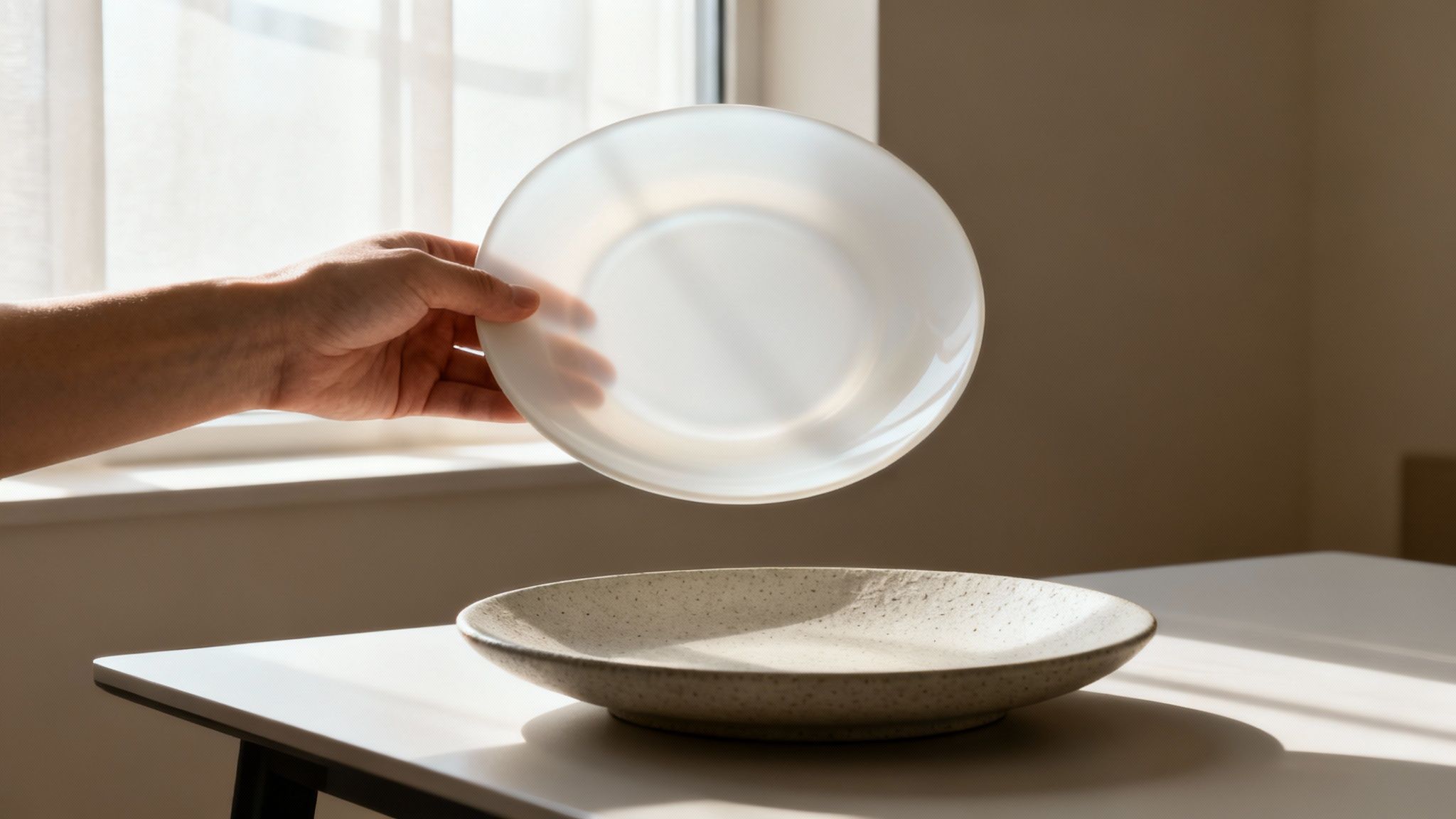 A hand holds a translucent white plate above a speckled ceramic plate on a white table.