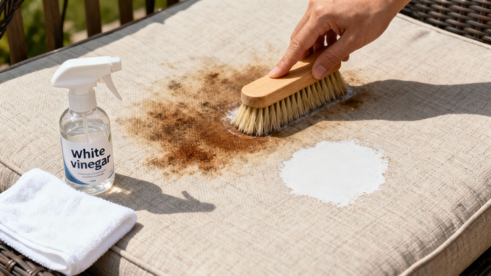 A person scrubbing a stained outdoor cushion with a brush and white vinegar spray, next to a clean towel.