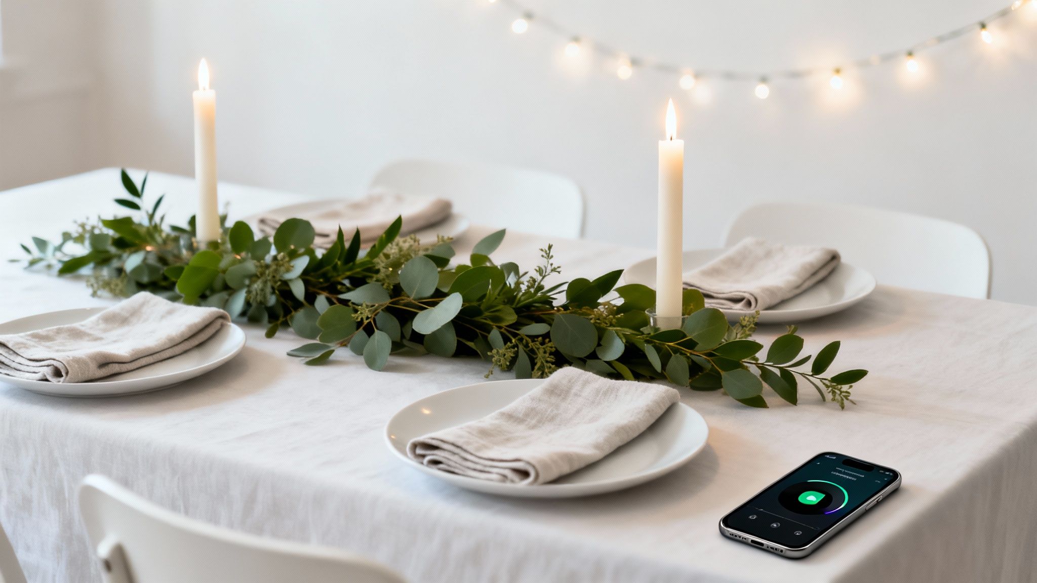 A festive dinner table set with plates, napkins, a green garland, lit candles, and a smartphone playing music.