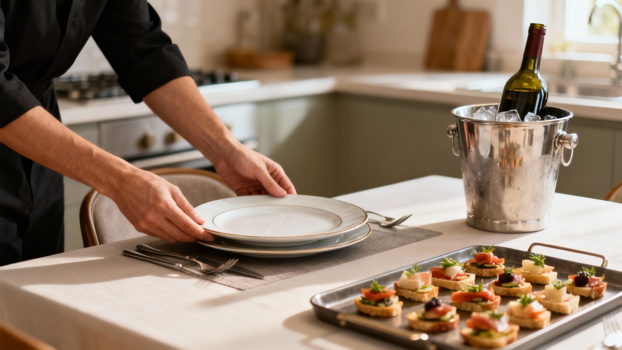 Person setting a table with plates, a wine cooler, and appetizers for a dinner party.