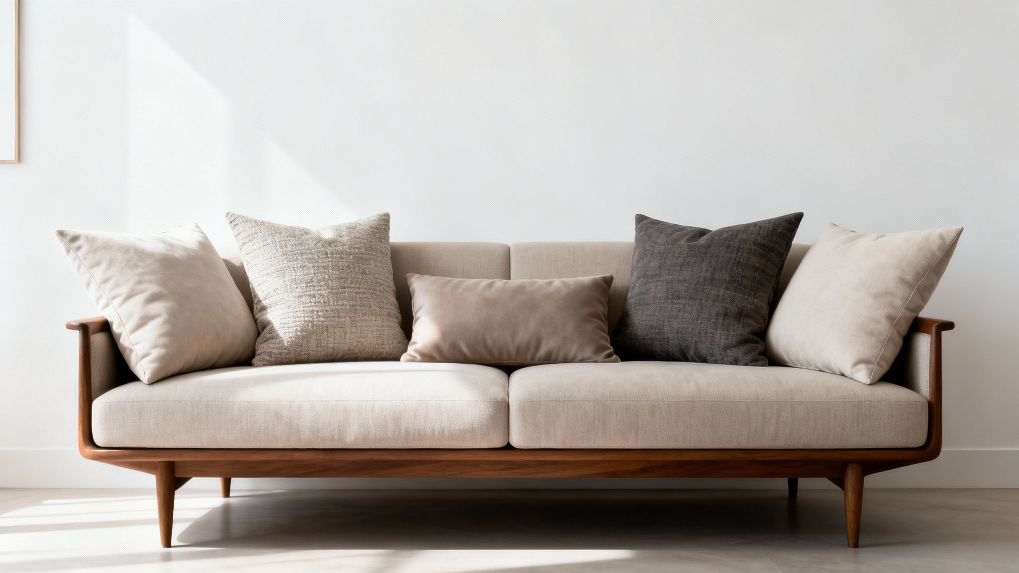 Modern beige sofa with wooden frame and five neutral-toned throw pillows, including textured and solid designs.