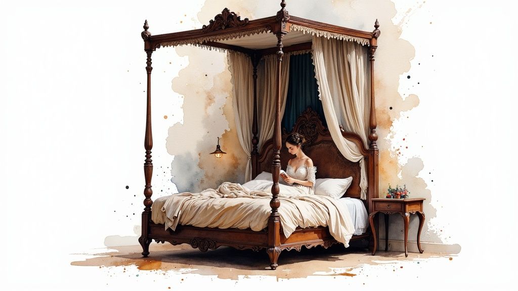 An opulent Victorian style bedroom set featuring a large, elaborately carved wooden bed and matching furniture in a well-lit, elegant room.