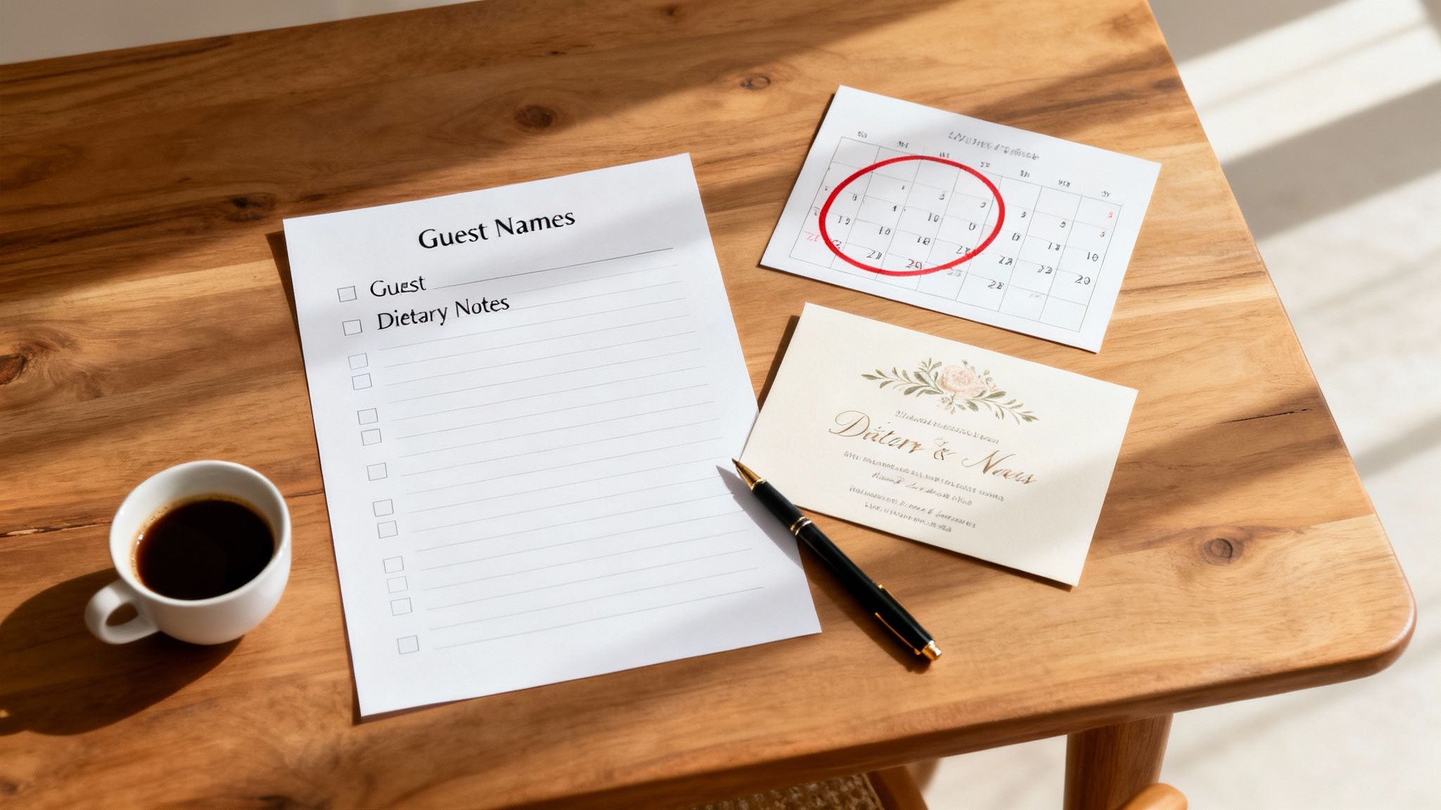 A flat lay of wedding planning essentials, including a guest list, calendar, invitation, pen, and coffee.
