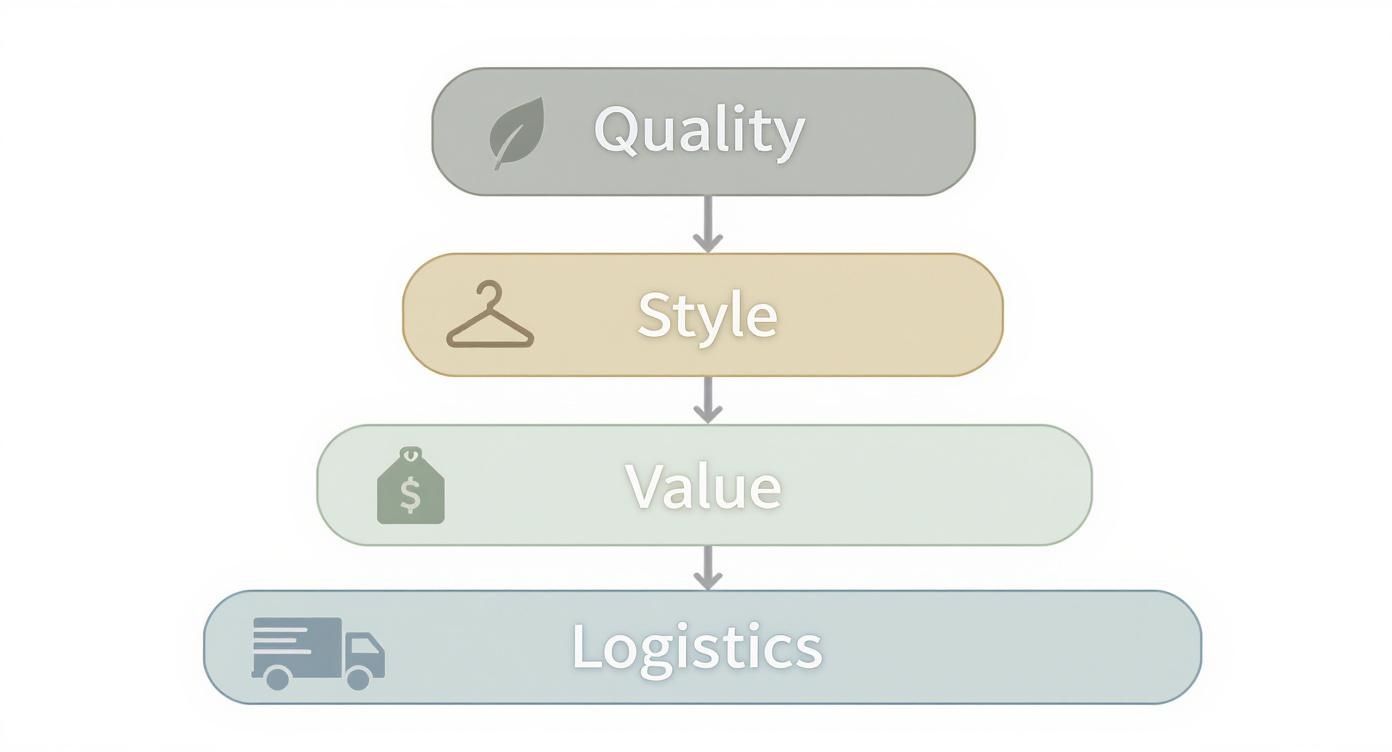 Four-tier hierarchy diagram showing online shopping priorities: Quality, Style, Value, and Logistics with icons