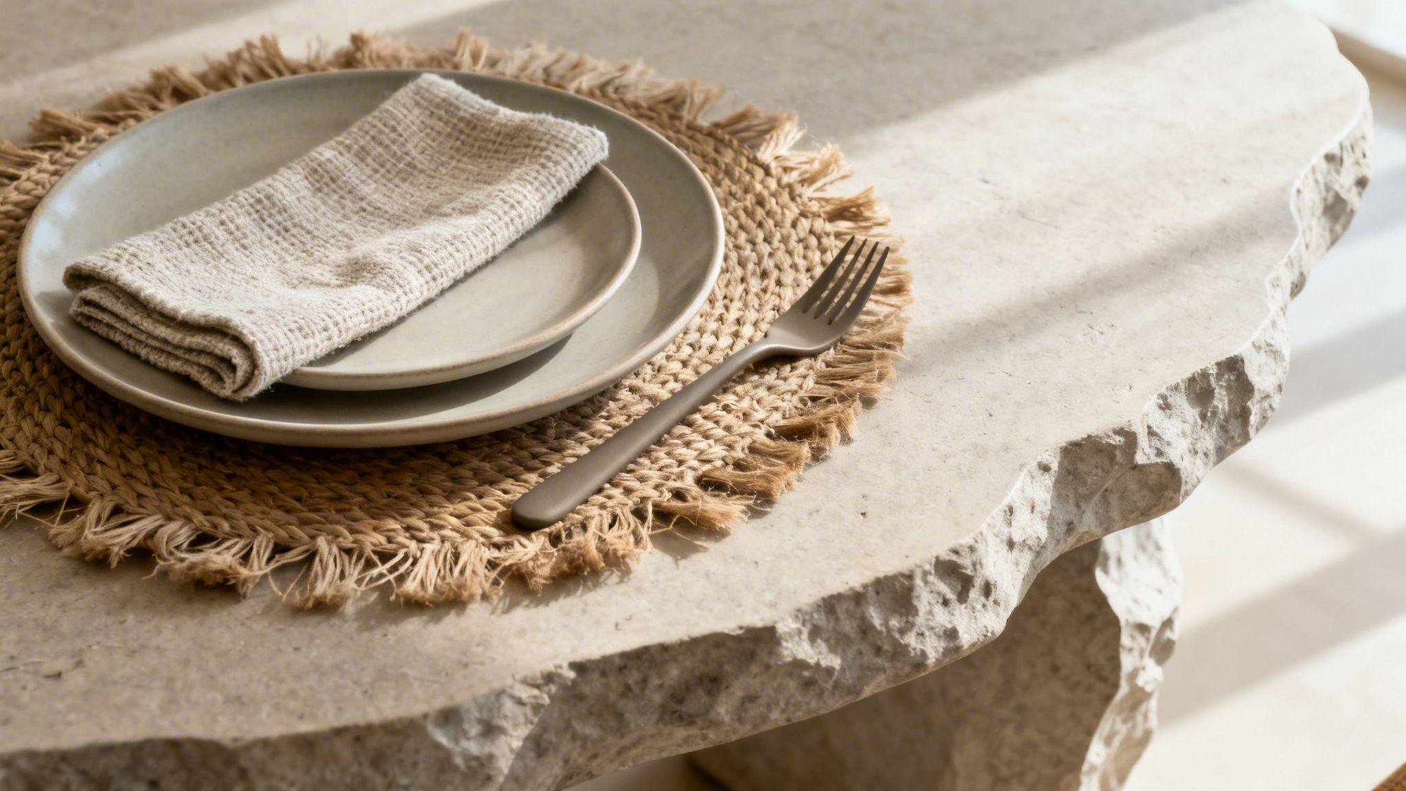 A natural table setting featuring ceramic plates, a woven placemat, and a fork on a stone table.