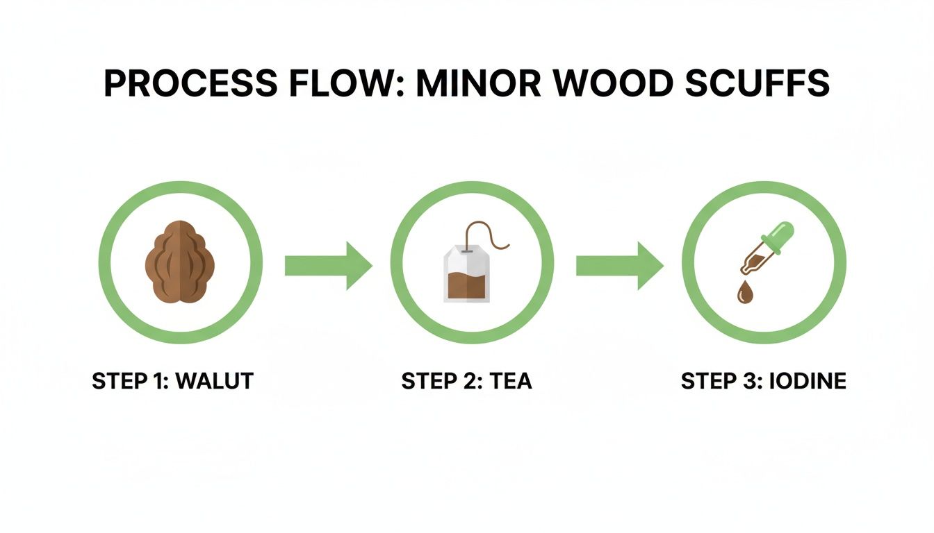 A process flow for minor wood scuffs, showing steps using walnut, tea, and iodine.