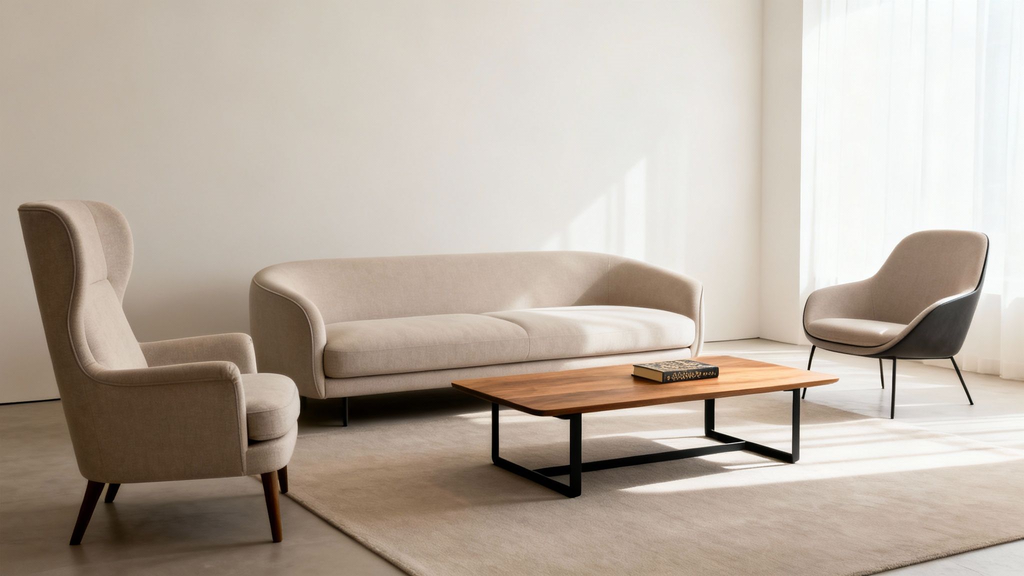 A minimalist living room featuring neutral-toned furniture: a beige sofa, two armchairs, and a wooden coffee table on a light rug.